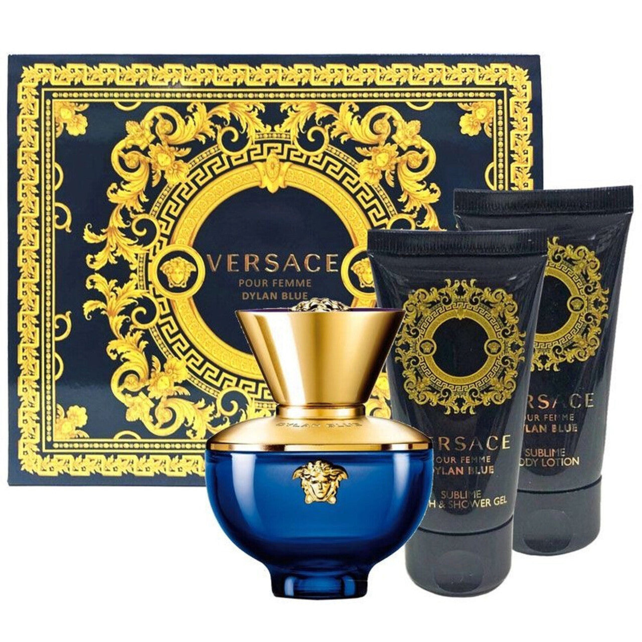 VERSACE DYLAN BLUE 3 PCS SET FOR WOMEN: 1.7 EAU DE PARFUM SPRAY + 1.7 BATH & SHOWER GEL + 1.7 BODY LOTION WOMEN Fragrant Nest