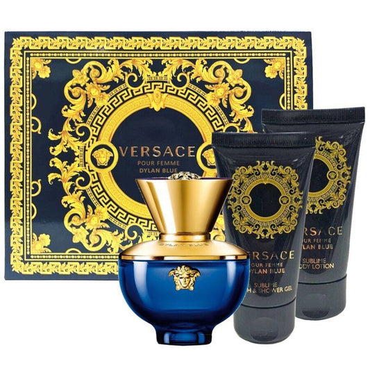 VERSACE DYLAN BLUE 3 PCS SET FOR WOMEN: 1.7 EAU DE PARFUM SPRAY + 1.7 BATH & SHOWER GEL + 1.7 BODY LOTION WOMEN Fragrant Nest