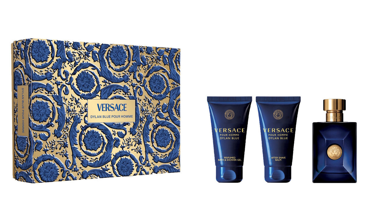 VERSACE DYLAN BLUE 3 PCS SET FOR MEN: 1.7 EAU DE TOILETTE SPRAY + 1.7 BATH AND SHOWER GEL + 1.7 AFTER SHAVE BALM Men Fragrant Nest