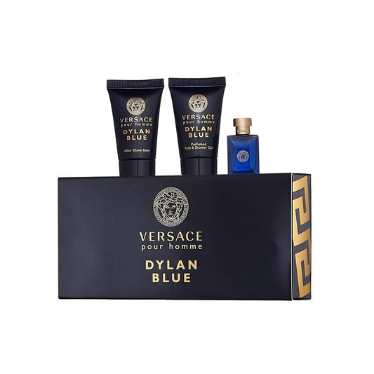 VERSACE DYLAN BLUE 3 PCS SET FOR MEN: 5 ML EAU DE TOILETTE MINI + 0.8 SHOWER GEL + 0.8 AFTER SHAVE BALM MEN Fragrant Nest