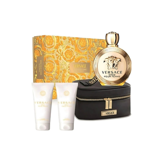 Versace eros pour femme 4 pcs set: 3.4 eau de parfum spray + 3.4 shower gel + 3.4 body lotion + small beauty case WOMEN Fragrant Nest
