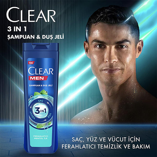 Shampoing, gel douche et nettoyant visage 3-en-1 Clear Men Menthol Fraîcheur : lutte contre les pellicules, nettoie et revigore - tout en un.