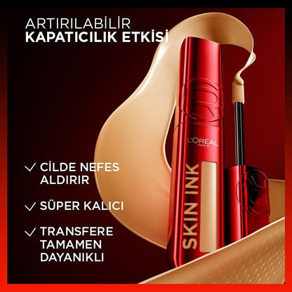 Base de maquillaje líquida L'Oreal Paris Skin Ink de cobertura total y larga duración de 48H: ligera, resistente a la transferencia, correctora de rojeces - subtono neutro