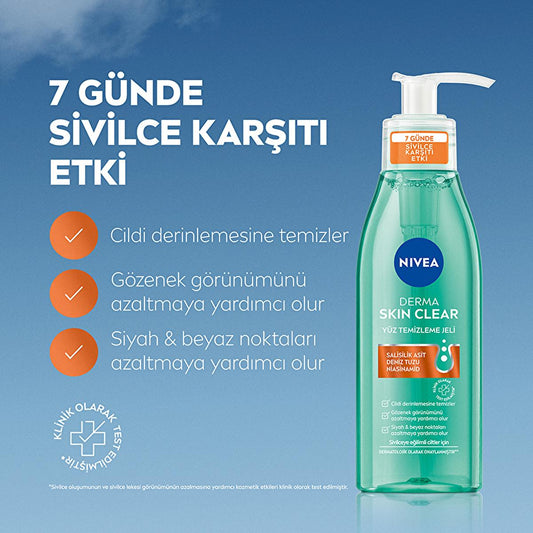 Gel Nettoyant Visage Anti-Acné Nivea Derma Skin Clear : Nettoyage profond à l'acide salicylique et à la niacinamide pour le contrôle des imperfections et des pores, peaux grasses et à tendance acnéique