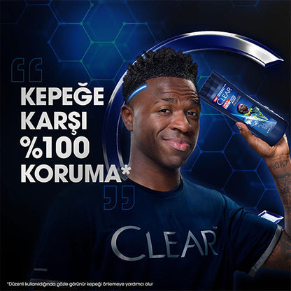Champú anticaspa Clear Men Vin’cius Jœnior: Ultra Hydro Boost para hombre - 10 veces más hidratación profunda, eucalipto y madera de cedro, combate la sequedad del cuero cabelludo y la caspa