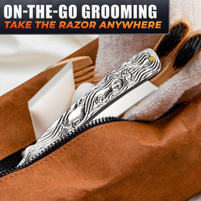 Straight Razor Carbon Steel Blade 11.4 in Secure Grip for Shaving