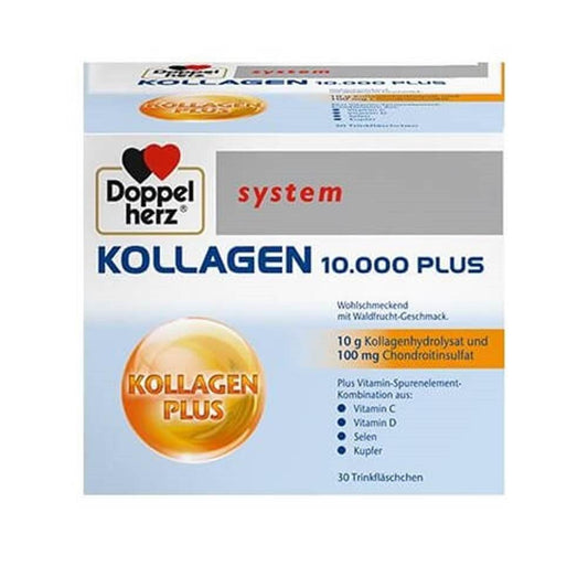 Doppelherz Kollagen 10.000 Plus: High-Dose Hydrolyzed Collagen Drink for Joint Health & Skin Elasticity - Raspberry, Elderberry & Grape Flavor (30 Flacons)