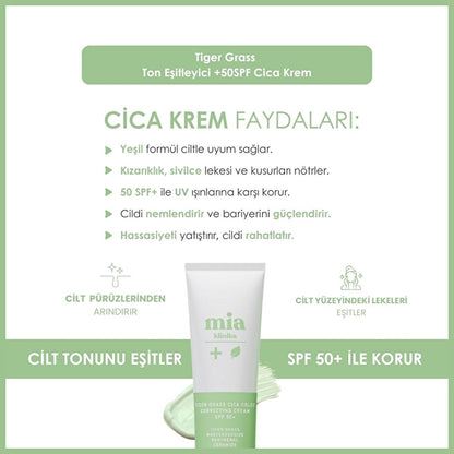 Mia Klinika Cica Cream SPF 50+ - Crema unificadora del tono con hierba de tigre para pieles sensibles, cobertura natural y protección solar diaria