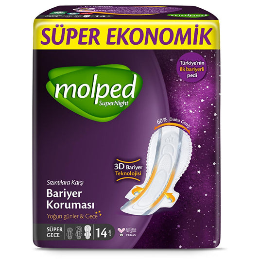 Molped Supernight : Serviettes hygiéniques de nuit Super Night - Flux abondant, protection anti-fuites et toucher coton - Paquet de 14