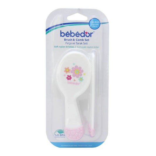 Bebedor Brush and Comb Set Pink Flower for Gentle Hair Care