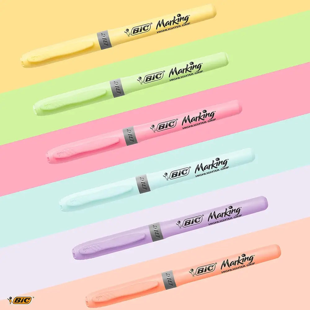 BIC Highlighter Grip Pastel, Highlighter Pens with Adjustable Chisel Tip, Rubber Grip for Extra Comfort, Assorted Colours, Pack of 6