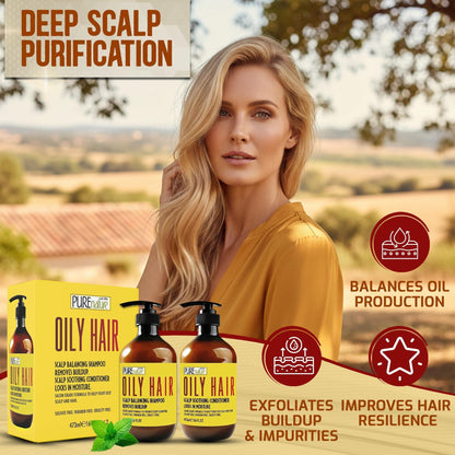 Oily Hair Shampoo and Conditioner Set 16 Fl Oz Sulfate Free Moisturizing Cleanse for Oily Flaky Scalps Fights Dandruff and Itchiness Salon Professional Formula For Men and Women Set of 2