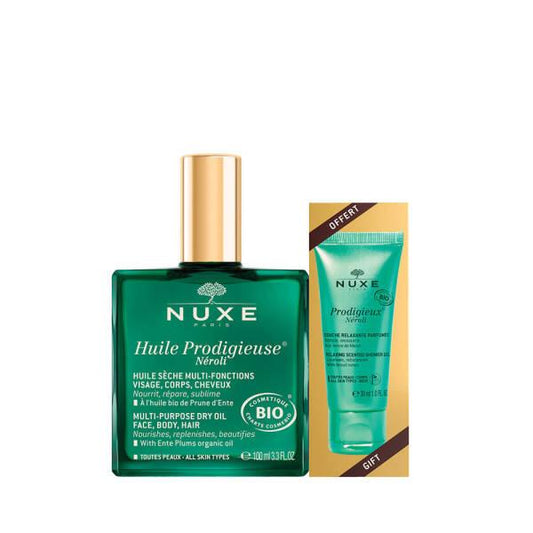 Coffret Cadeau Nuxe Huile Prodigieuse Néroli - Huile Sèche Multi-Fonctions & Gel Douche pour le Visage, le Corps et les Cheveux - Soin Nourrissant au Parfum de Fleur d'Oranger