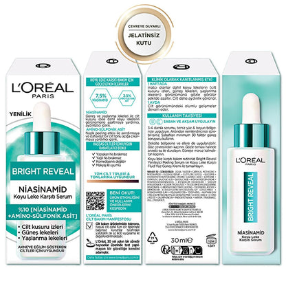 Sérum corrector de manchas oscuras con niacinamida Bright Reveal de L'Oréal Paris: atenúa marcas de acné, manchas solares y de la edad para una piel radiante