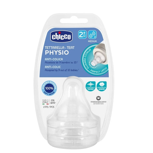 Tétines en silicone Chicco Physio débit moyen 2 mois et plus, lot de 2