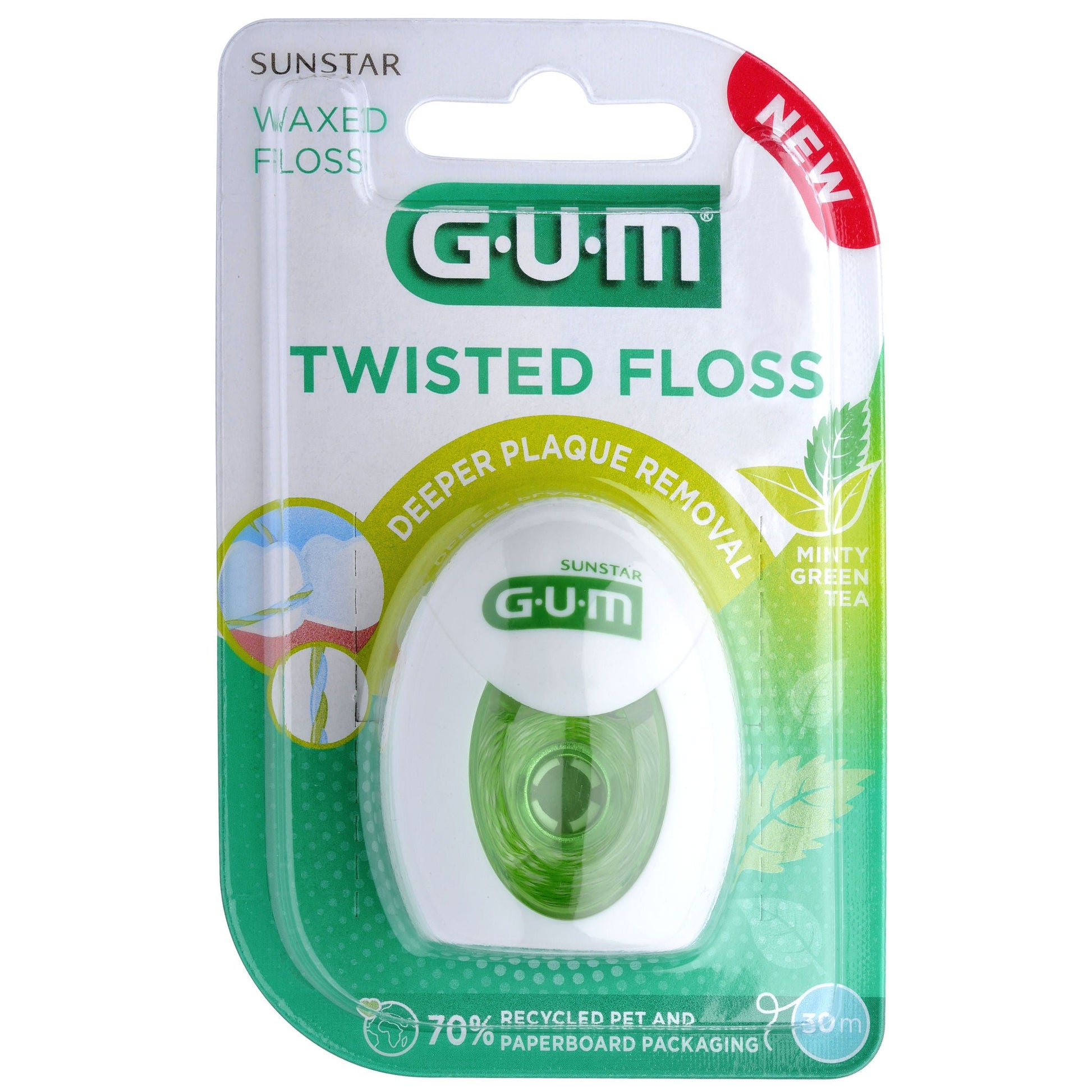 GUM Twisted Floss Deeper Plaque Removal Minty Green Tea 30m Dental Floss Pasteur Pharmacy