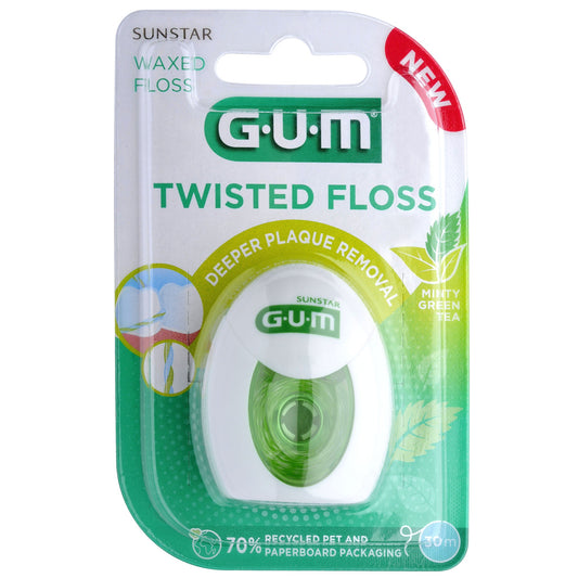 GUM Twisted Floss Deeper Plaque Removal Minty Green Tea 30m Dental Floss Pasteur Pharmacy