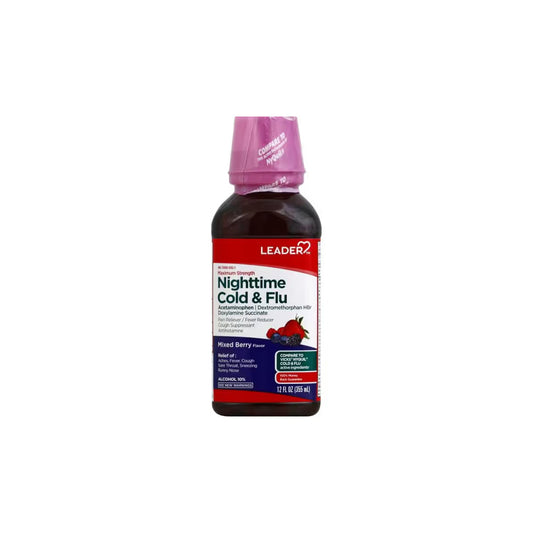 Leader Maximum Strength Nighttime Cold & Flu Relief Cherry, 12 fl oz Medicine & Drugs Pasteur Pharmacy