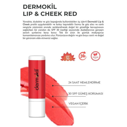 Bálsamo hidratante con color para labios y mejillas Dermokil FPS 30, tono rojo, 10 ml