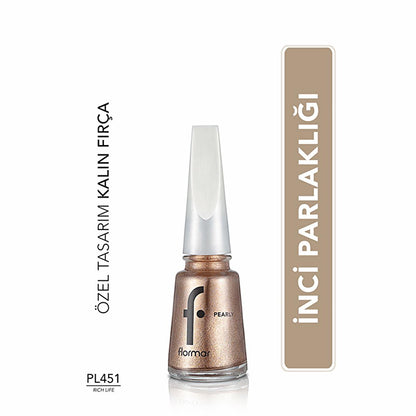 Esmalte de uñas Flormar Long-Lasting Pearl Finish - Rich Life PL451, duración de 6 días, efecto brillante, color de uñas elegante para mujer