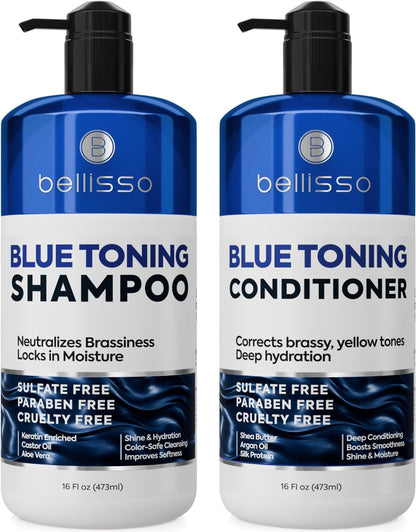 Blue Shampoo and Conditioner Set  16 Fl Oz Set of 2 Sulfate Free and Paraben Free Neutralizing Toner to Correct Orange Brassy Hair Back to Brunette Professional Formula For Women Men