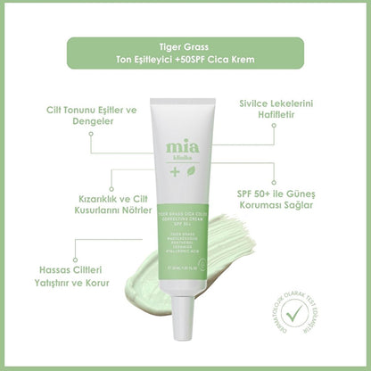 Mia Klinika Cica Cream SPF 50+ - Crema unificadora del tono con hierba de tigre para pieles sensibles, cobertura natural y protección solar diaria