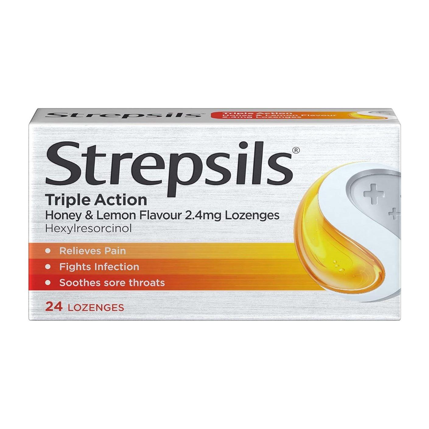 Strepsils Triple Action Sore Throat Pain Relief Honey & Lemon Flavour 2.4mg Lozenges 24 Sore Throat Lozenges Pasteur Pharmacy
