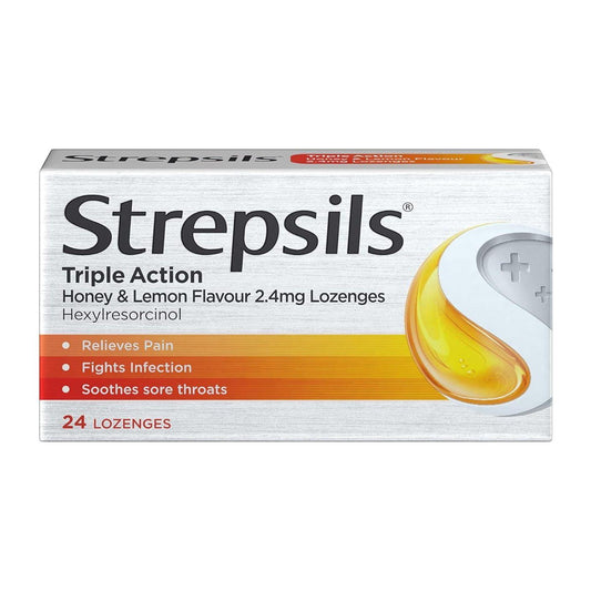 Strepsils Triple Action Sore Throat Pain Relief Honey & Lemon Flavour 2.4mg Lozenges 24 Sore Throat Lozenges Pasteur Pharmacy