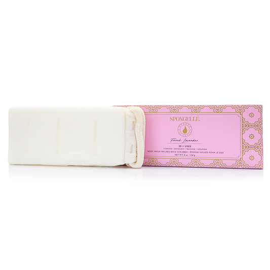 Brosse exfoliante pour le dos infusée au gel douche à la lavande française