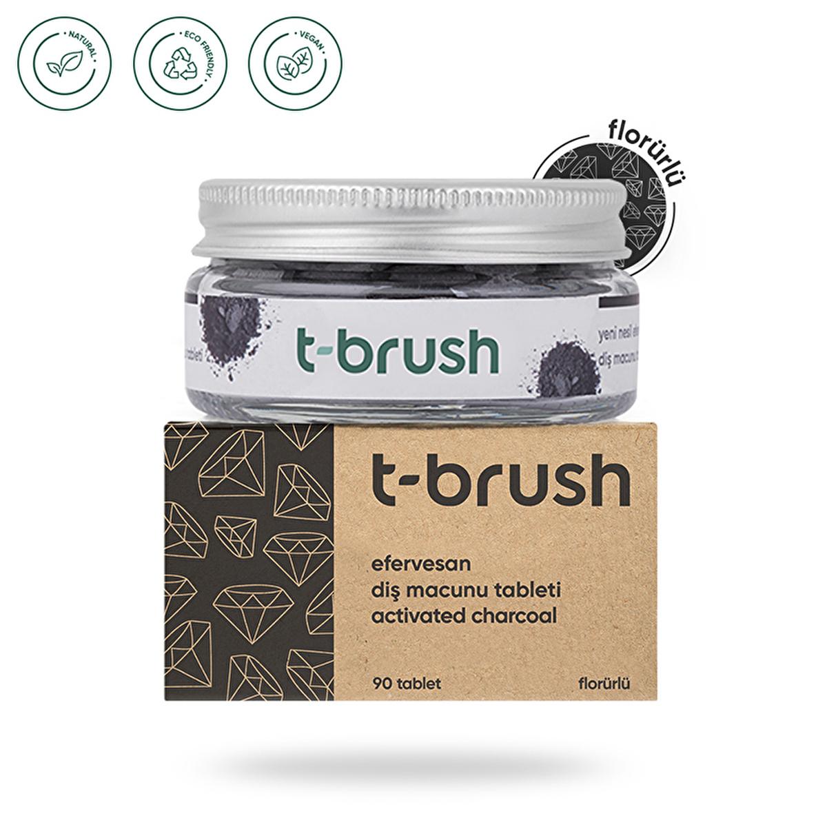 Pastillas de pasta de dientes con carbón activado T-Brush - Con flúor, fórmula vegana para encías sensibles | 90 pastillas