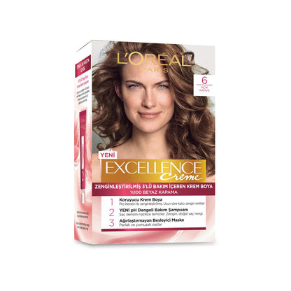 L'Oréal Paris Excellence Crème Coloration Permanente - 6 Châtain Clair : 100% couverture des cheveux blancs, enrichie en kératine et céramide pour une couleur riche et longue tenue