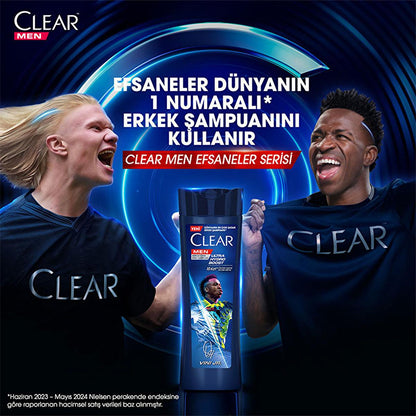 Champú anticaspa Clear Men Vin’cius Jœnior: Ultra Hydro Boost para hombre - 10 veces más hidratación profunda, eucalipto y madera de cedro, combate la sequedad del cuero cabelludo y la caspa