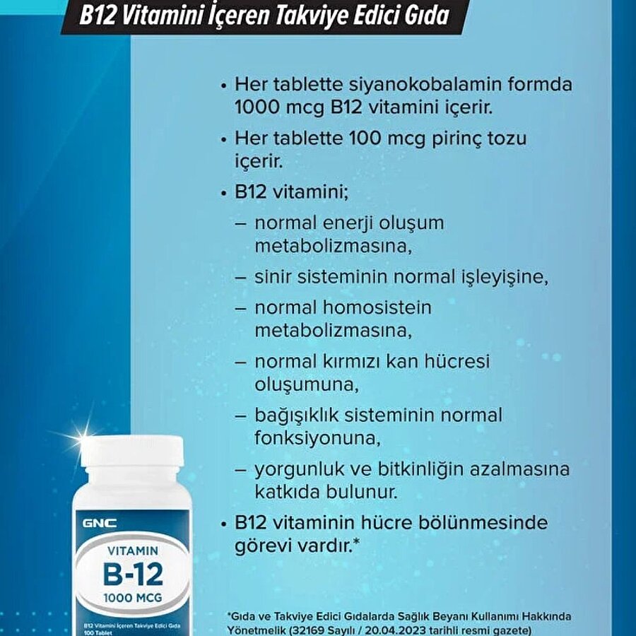 GNC Vitamin B12 1000 mcg Energy Support Supplement 100 Tablets