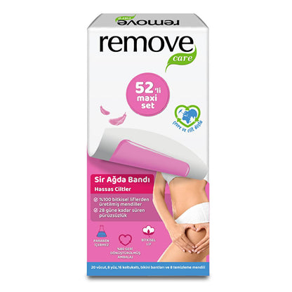 Set de Cera Depilatoria Remove Care Maxi: Bandas de cera para piel sensible (rostro, cuerpo y bikini) - 52 unidades | Depilación duradera y fácil de usar