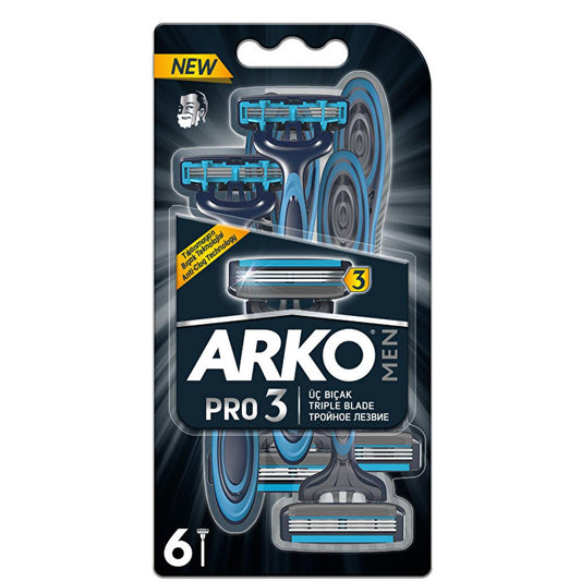 Arko Men Pro 3: Cuchillas de afeitar superiores de tres hojas para hombre - Artículos de afeitado antiobstrucción, lubricantes y duraderos (paquete de 6)