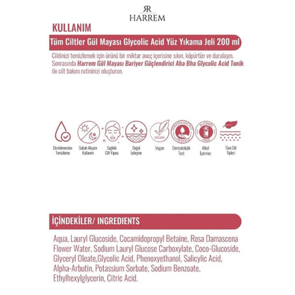 Limpiador facial suave de agua de rosas y ácido glicólico Harrem 200ml