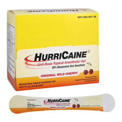 Hurricaine Gel 20% Benzocaine Wild Cherry Box of 60 Individual 0.5g Unit Doses Medicine & Drugs Pasteur Pharmacy