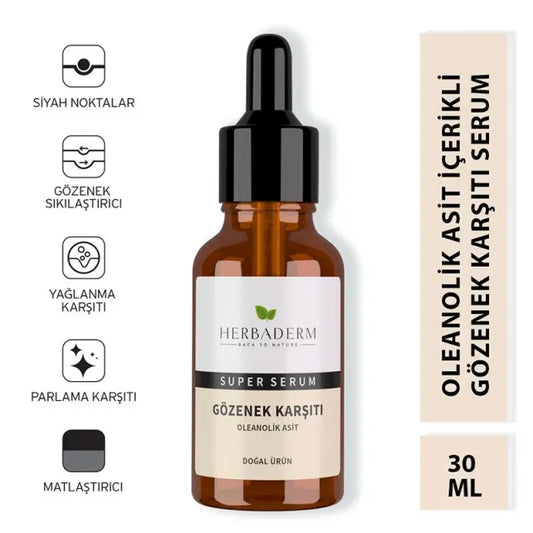 Sérum minimizador de poros Herbaderm 30 ml - Vegano, libre de crueldad animal, reduce los poros y el exceso de grasa - Sérum con ácido oleanólico para una piel más tersa y mate