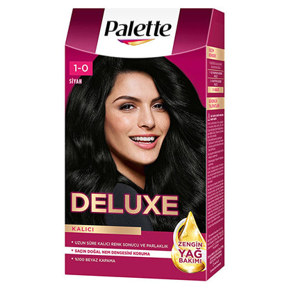 Palette Deluxe: Tinte para el cabello negro intenso 1-0 - Color de larga duración, acondicionamiento profundo con microaceites, coloración permanente para el hogar