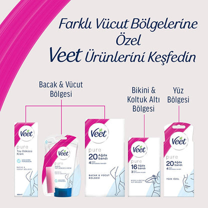 Bandes de cire visage Veet Pure pour peaux sensibles - Épilation hypoallergénique pour le visage, technologie Easy-Gelwax, 20 bandes et 4 lingettes