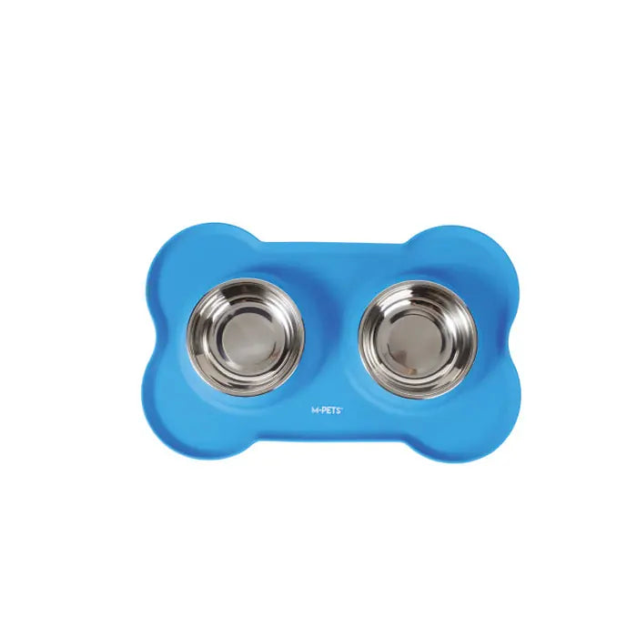 M-Pets Duet Silicone Mat with Double Pet Bowls Blue 2x200ml