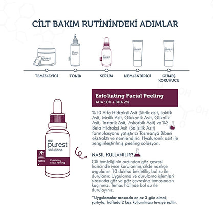 The Purest Solutions Sérum Facial Exfoliante con AHA 10% + BHA 2% - Mejora el Tono de la Piel y Reduce Cicatrices de Acné - 30 ml