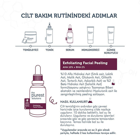 The Purest Solutions Sérum Facial Exfoliante con AHA 10% + BHA 2% - Mejora el Tono de la Piel y Reduce Cicatrices de Acné - 30 ml