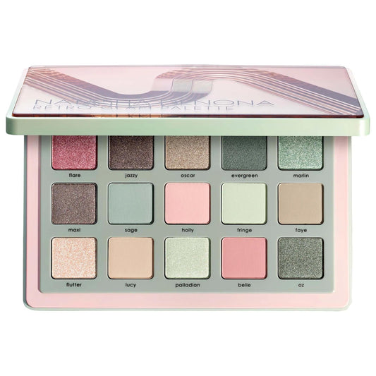 Paleta de sombras de ojos Retro Glam de Natasha Denona: tonos verdes, rosas y neutros versátiles. Paleta de tamaño mini, libre de crueldad animal, para looks de ojos deslumbrantes.