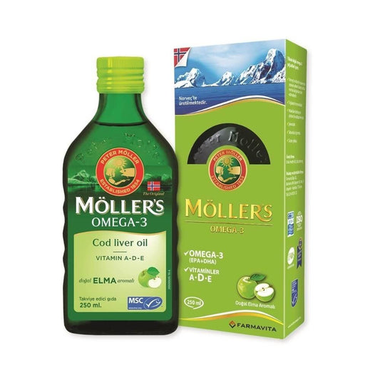 Möller's Cod Liver Oil Supplement with Omega-3, Vitamins A, D, E - Natural Apple Flavor for Heart, Brain Health - 8.45 fl oz