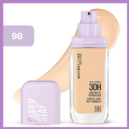 Base de maquillaje Maybelline Super Stay Lumi Matte: 30 horas de cobertura mate satinada y ligera para piel grasa, acabado natural