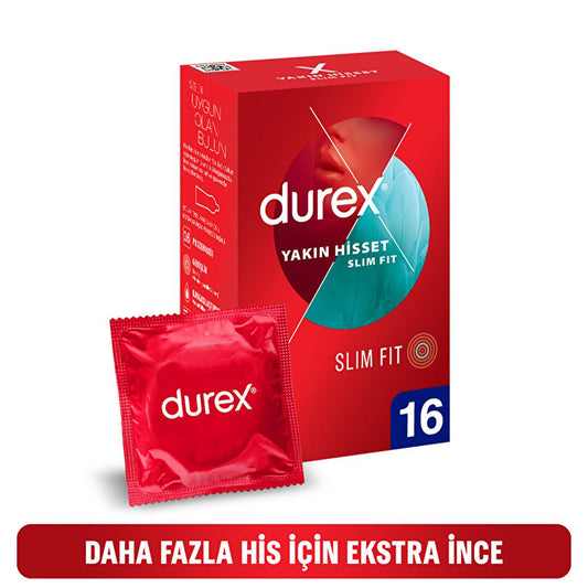 Condones Durex Slim Fit - Lubricados, productos para sexo seguro con mayor sensibilidad - 16 unidades