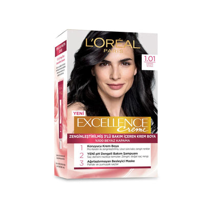 Coloration L'Oréal Paris Excellence Crème 1.01 Noir Profond : 100 % de couverture des cheveux blancs, couleur longue tenue et protection à la kératine