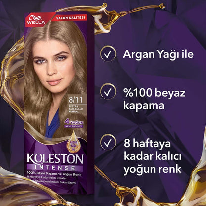 Coloration capillaire Wella Koleston Intense 8/11 : Blond cendré très clair, couverture à 100 % des cheveux blancs, couleur longue tenue à l'huile d'argan
