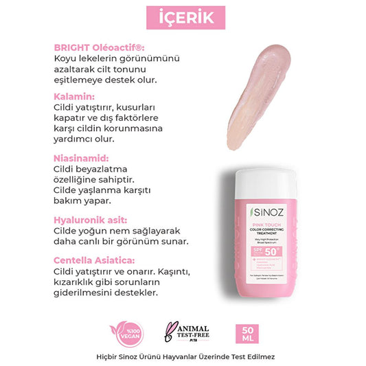 Sinoz Pink Touch SPF50+ Écran Solaire Correcteur de Teint : Crème solaire minérale pour le visage, correctrice de couleur, anti-rougeurs et illuminatrice à l’acide hyaluronique - 50 ml